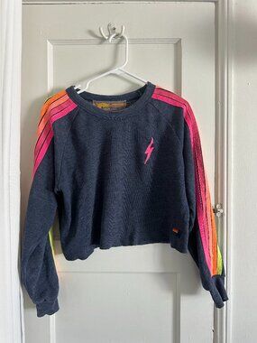 Aviator Nation - BOLT EMBROIDERY CLASSIC CROPPED CREW SWEATSHIRT - HEATHER NAVY